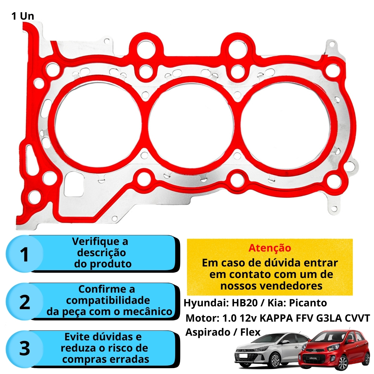 Junta Cabeçote INOX 0,25mm Hyundai HB20 Kia Picanto 1.0 L3 12V DOHC CVVT Kappa B3LA G3LA G3LD - Imagem 4