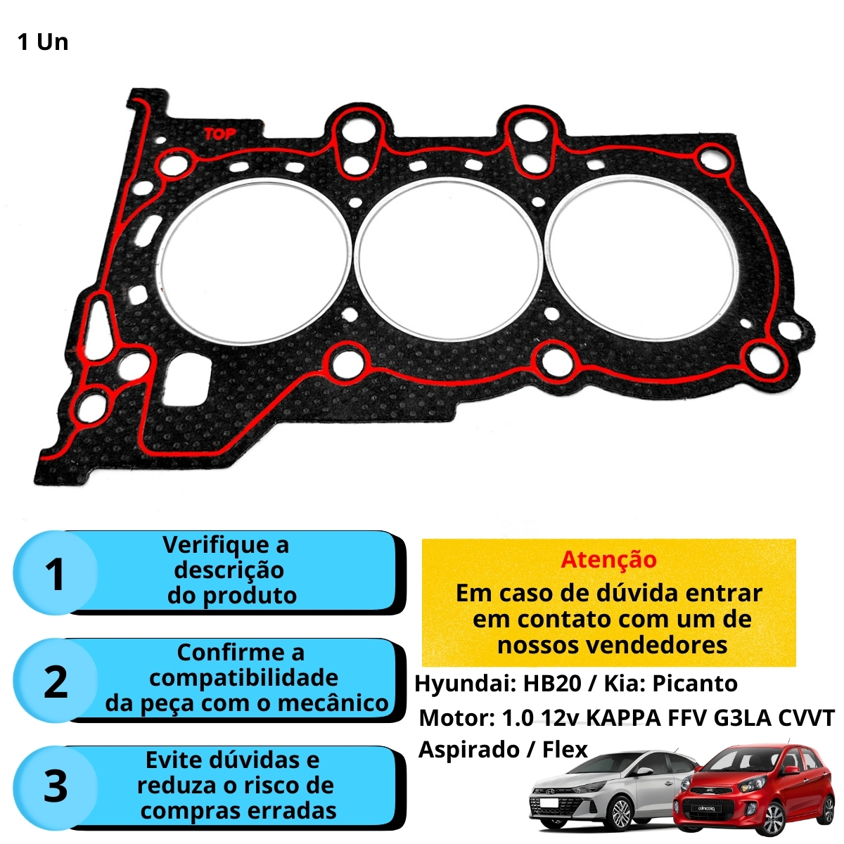 Junta Cabeçote PAK 1,50mm Hyundai HB20 Kia Picanto 1.0 L3 12V DOHC CVVT Kappa B3LA G3LA G3LD - Imagem 4