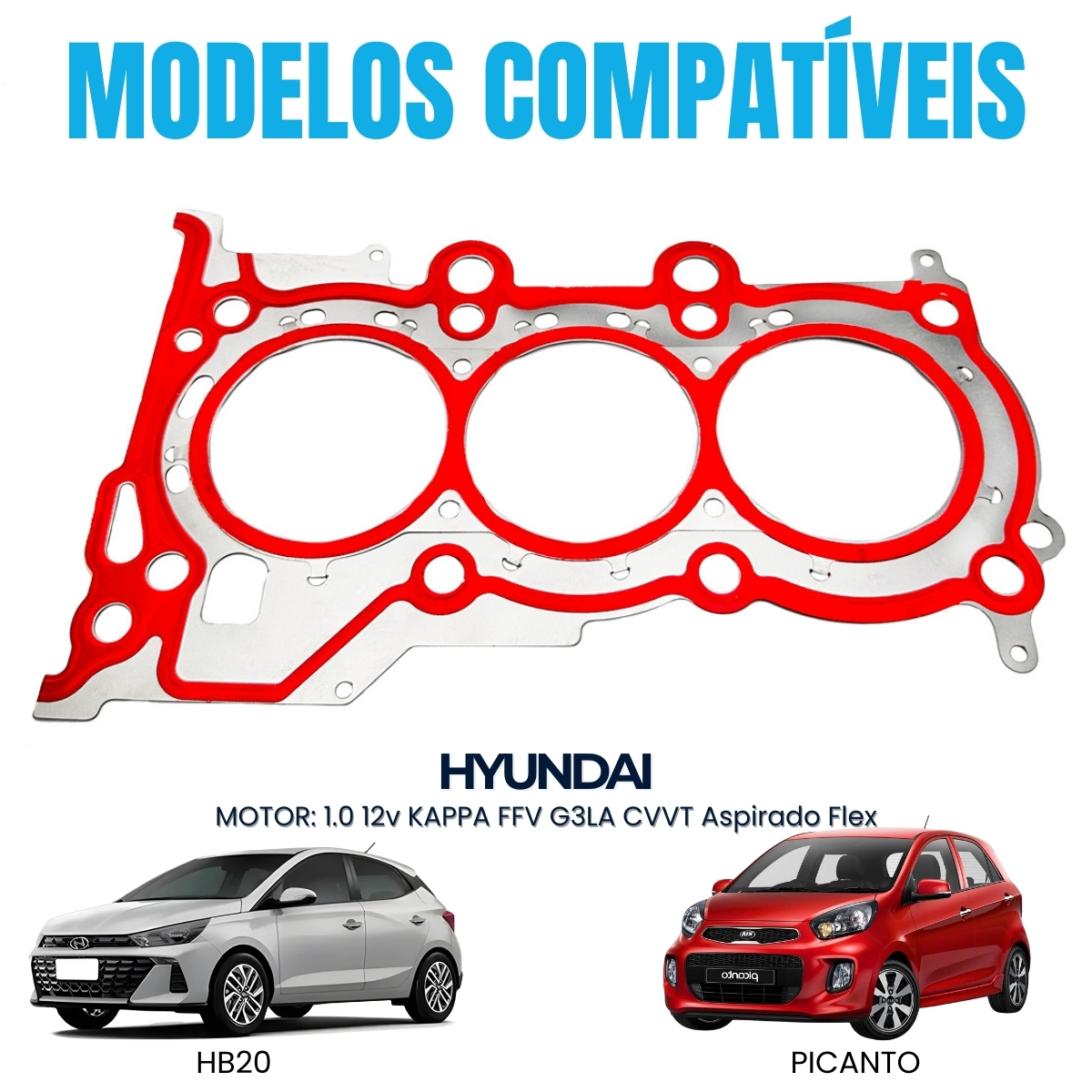 Junta Cabeçote INOX 0,25mm Hyundai HB20 Kia Picanto 1.0 L3 12V DOHC CVVT Kappa B3LA G3LA G3LD - Imagem 3