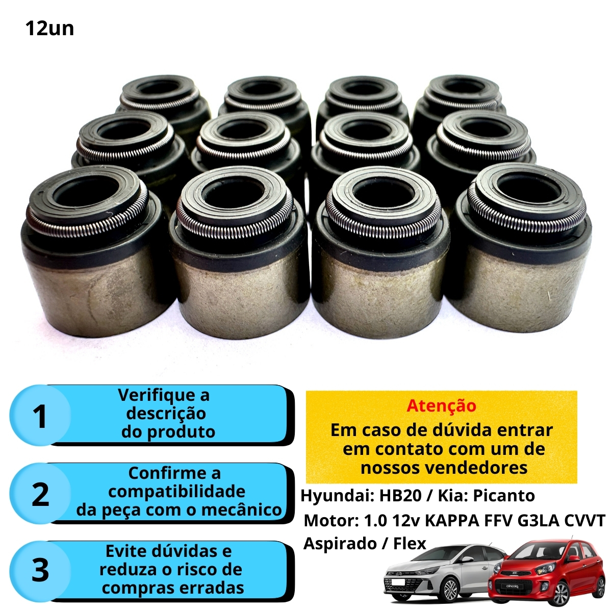 Kit Retentores Hastes Válvulas Hyundai / Kia Picanto Atos Hb20 1.0/1.1 12v - 12 Peças - Imagem 4