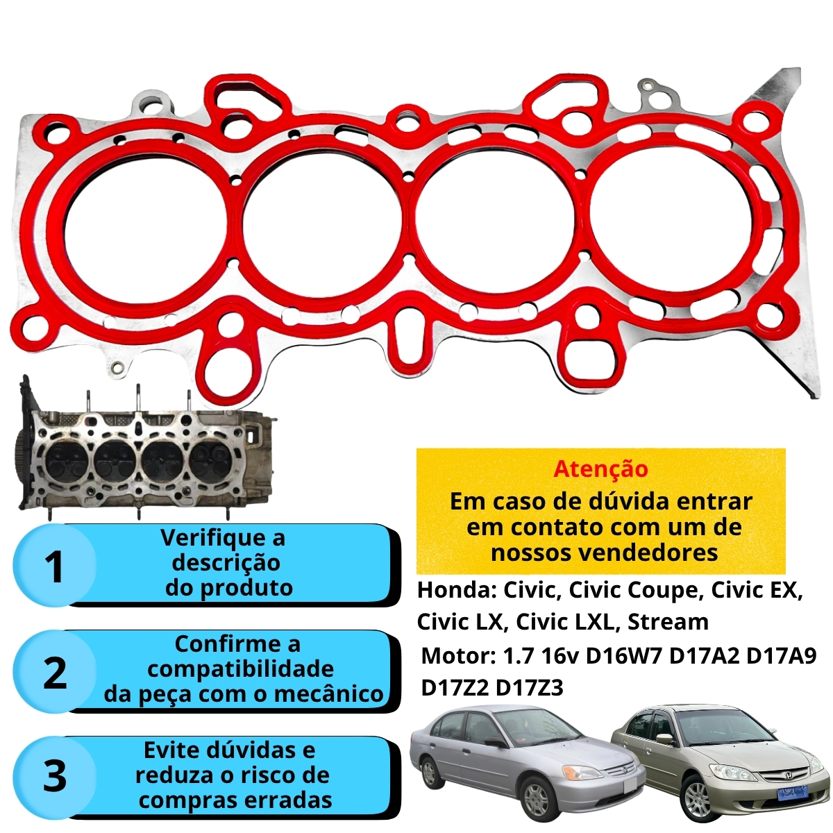 Junta De Cabeçote INOX Honda Civic 1.7 16V D17A/D17Z 2001/... - Imagem 3